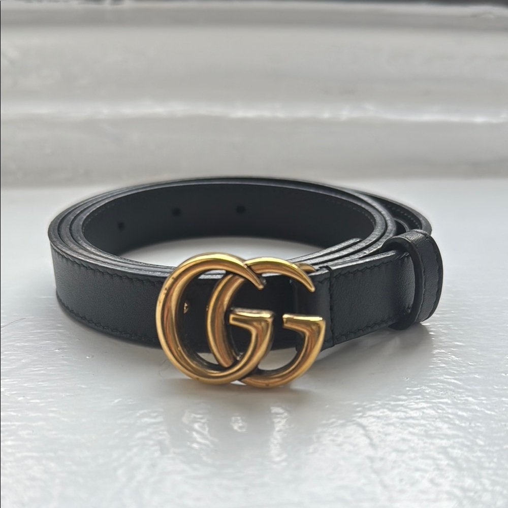 Black Leather Belt with Gold GG Buckle